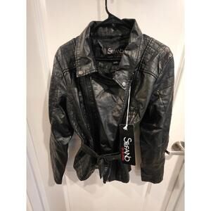 NWT Stefano Di Roma Black Faux Leather Quilted Moto Jacket With Belt Sz Large